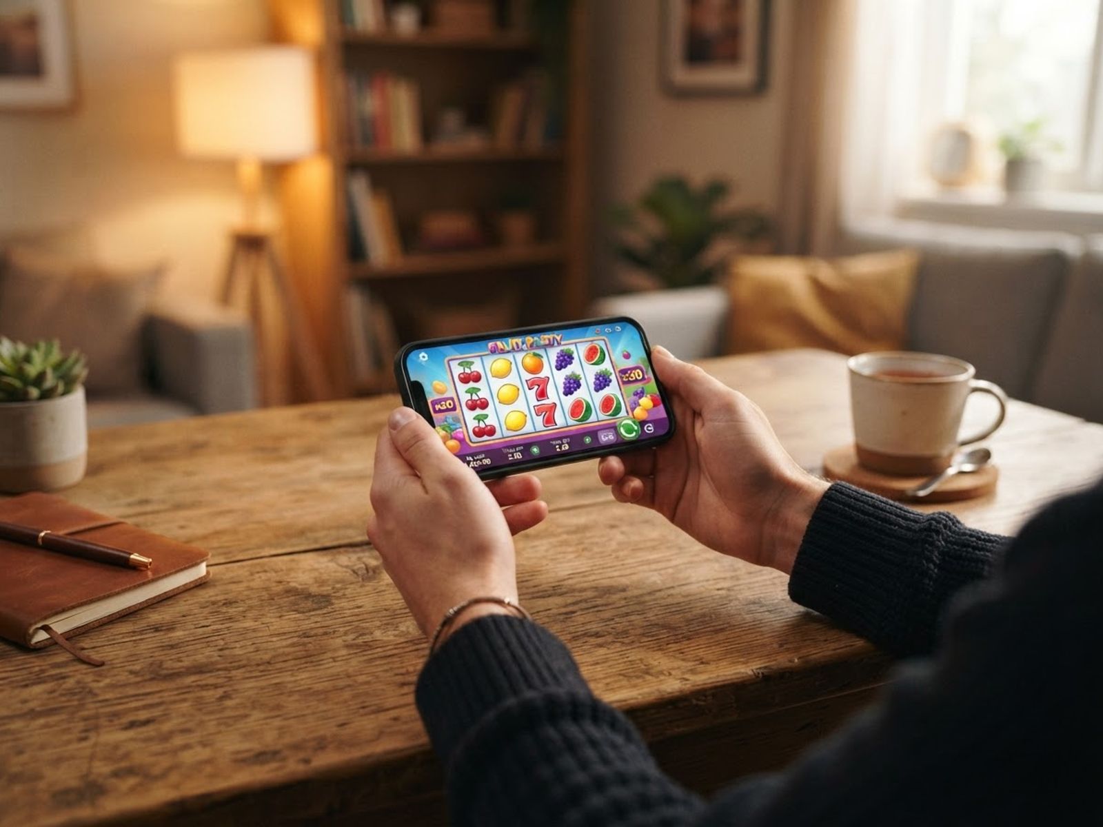 Manos sujetando un móvil con un juego de tragaperras