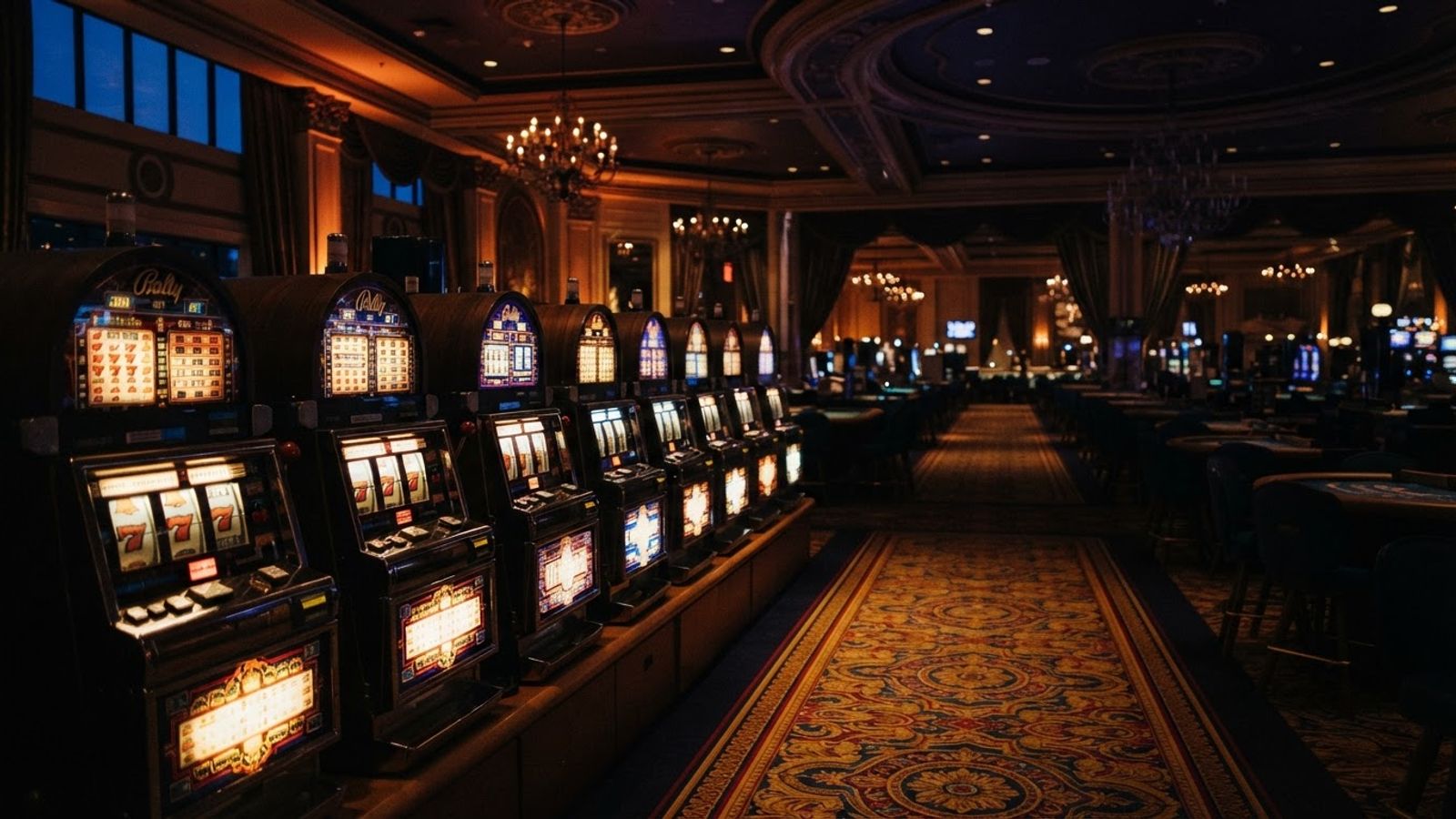 Sala de casino iluminada con tragaperras y luces cálidas