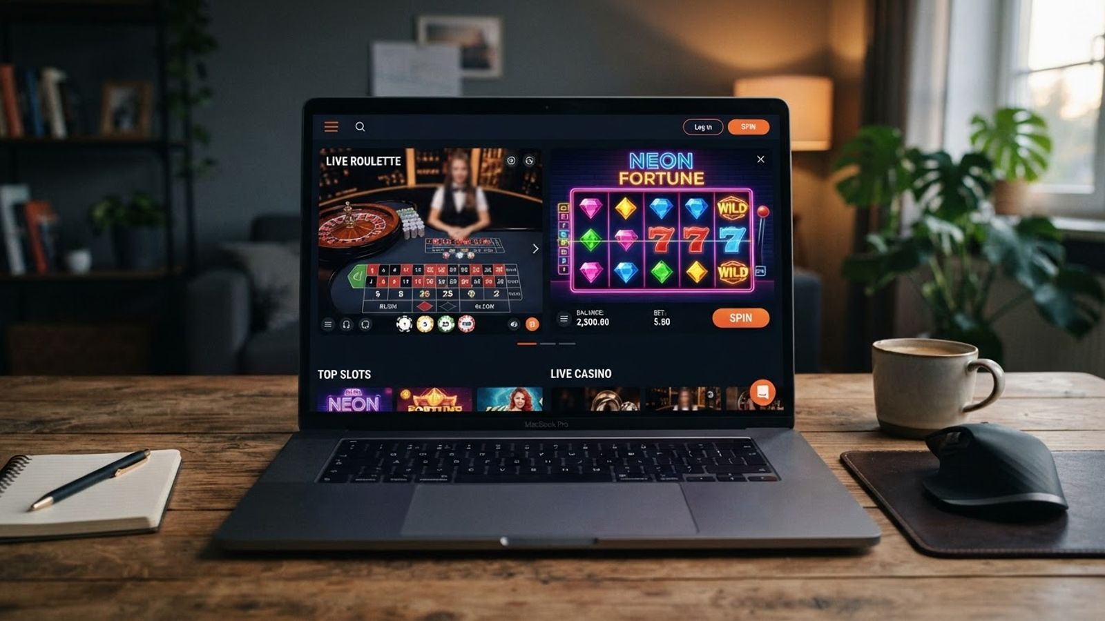 Interfaz de casino online con ruleta y tragaperras en pantalla