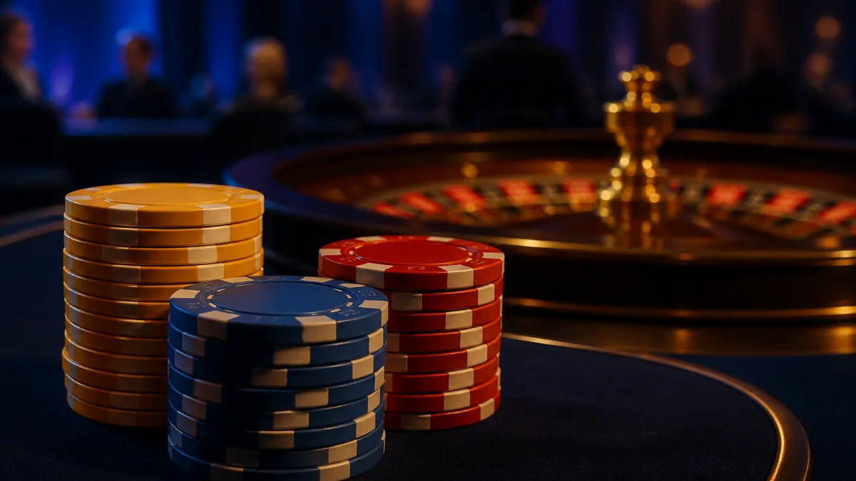 Pilas de fichas doradas, azules y rojas junto a una rueda de ruleta en penumbra