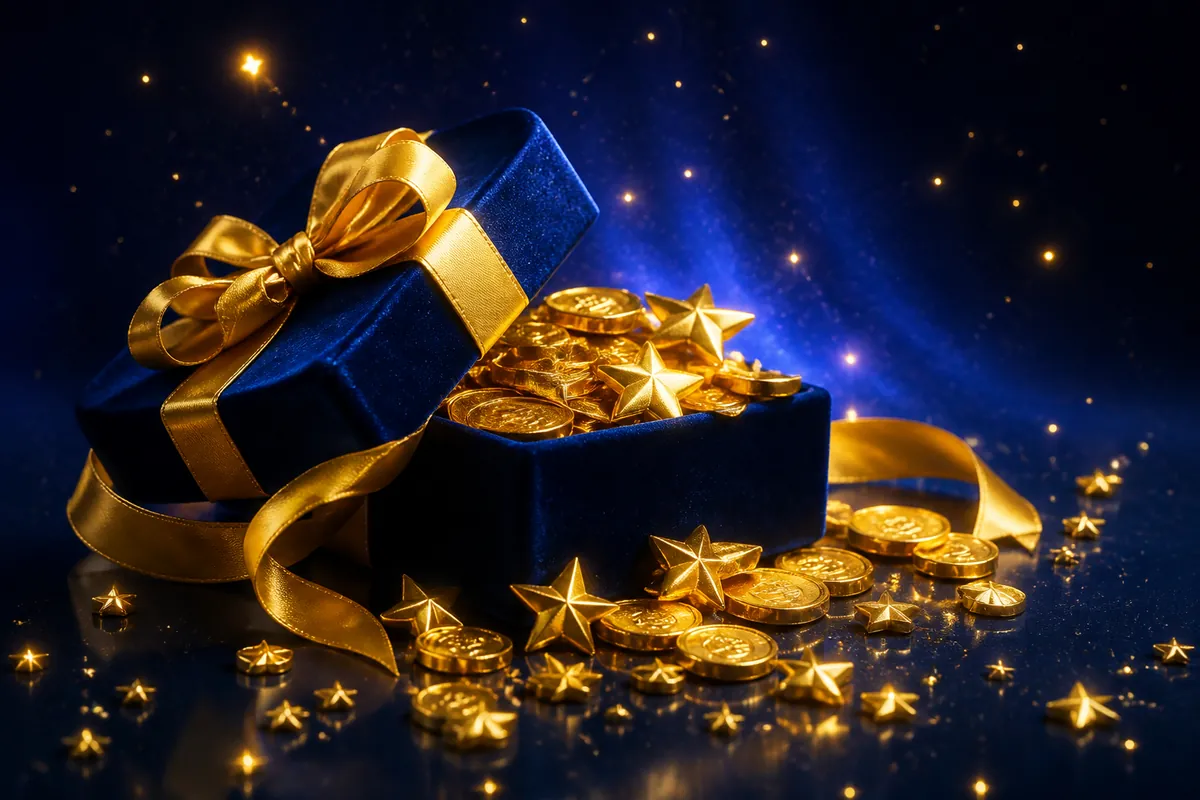 Caja de regalo de terciopelo azul con lazo dorado llena de monedas y estrellas doradas