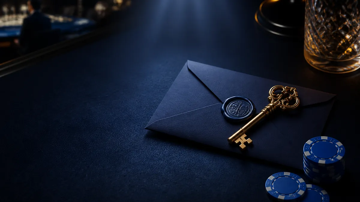 Llave dorada sobre un sobre azul sellado junto a fichas de casino azules