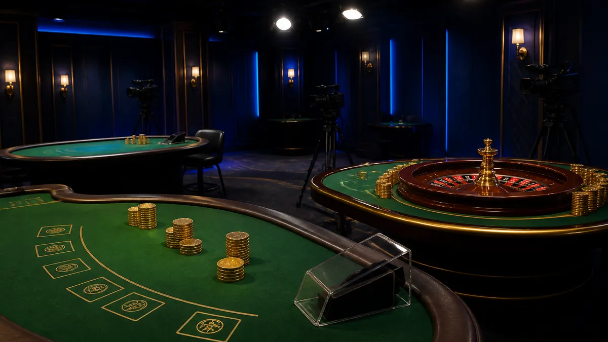 Estudio de casino en vivo vacío con mesas de blackjack y ruleta de tapete verde bajo focos