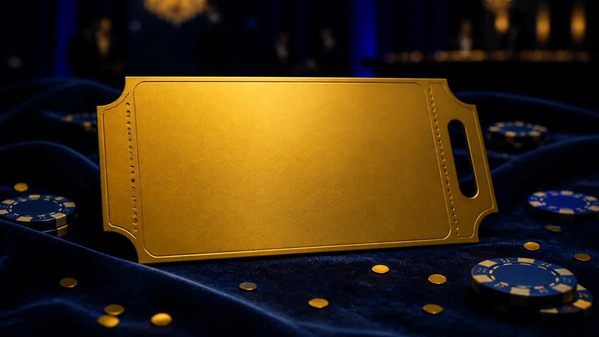 Cupón dorado en blanco sobre terciopelo azul con fichas de casino y confeti dorado