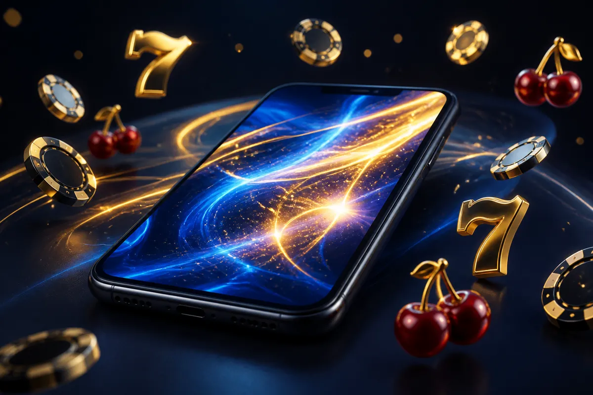 Smartphone con pantalla luminosa rodeado de cerezas, sietes dorados y fichas de casino